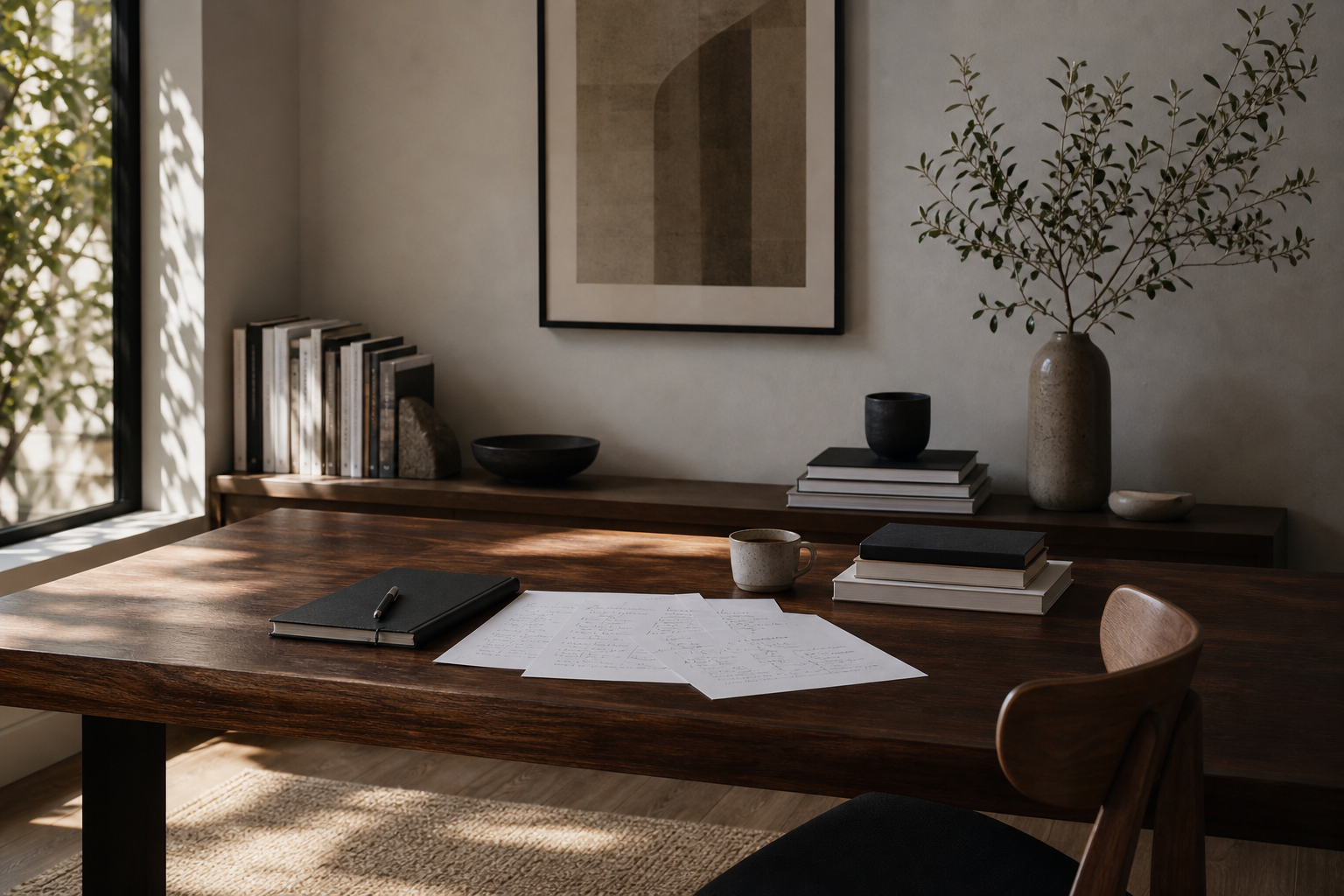 A calm consulting office with strategy papers, books, framed art, and olive branches.