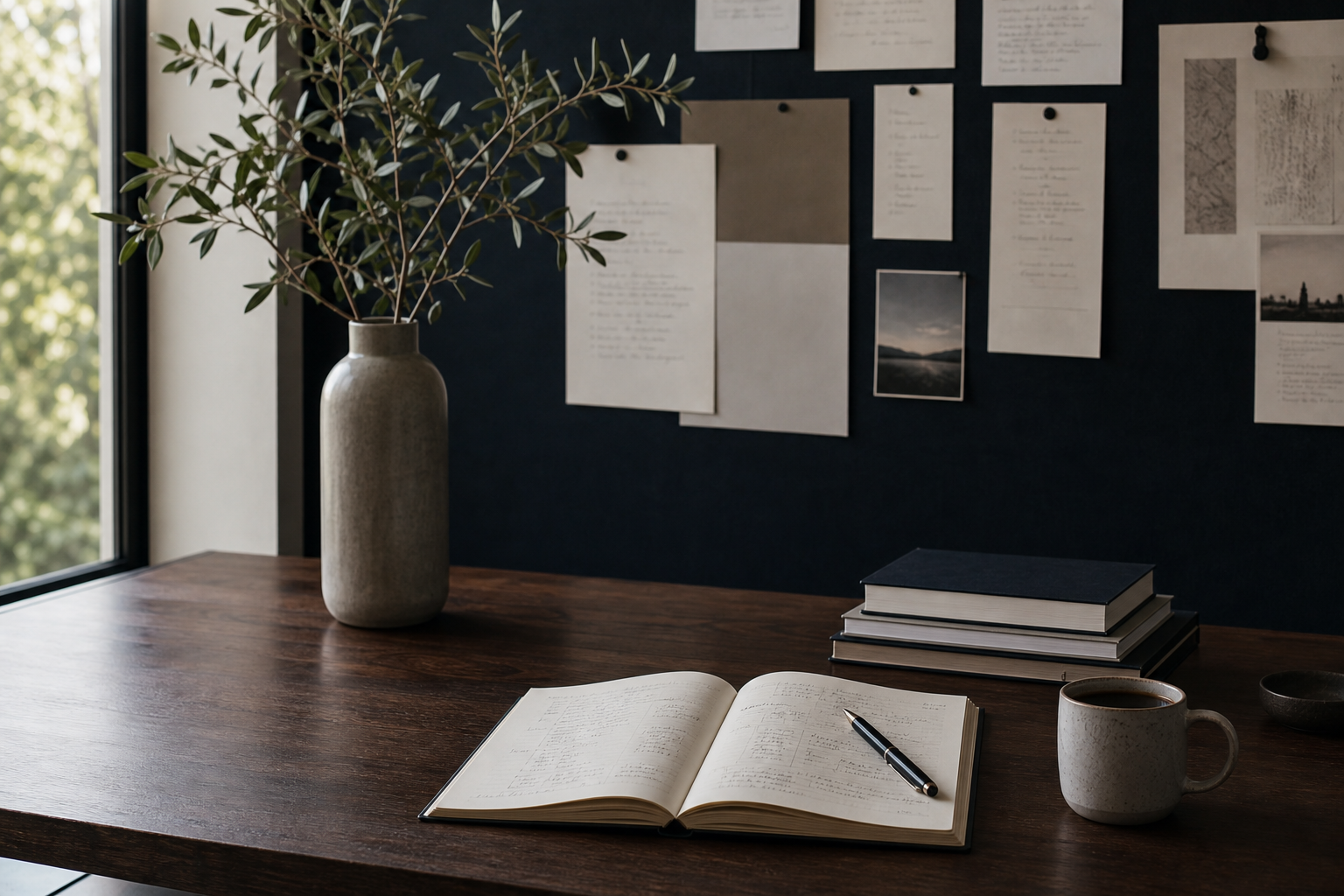 A premium strategy-room workspace with an open notebook, planning papers, books, and olive branches.