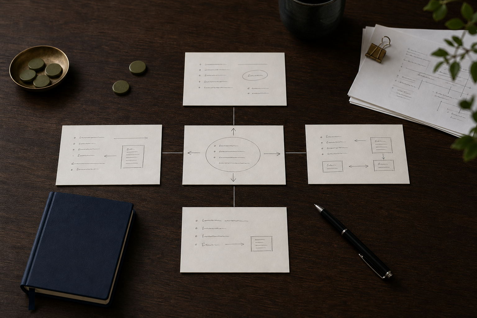 Five connected strategy cards arranged on a wooden table.
